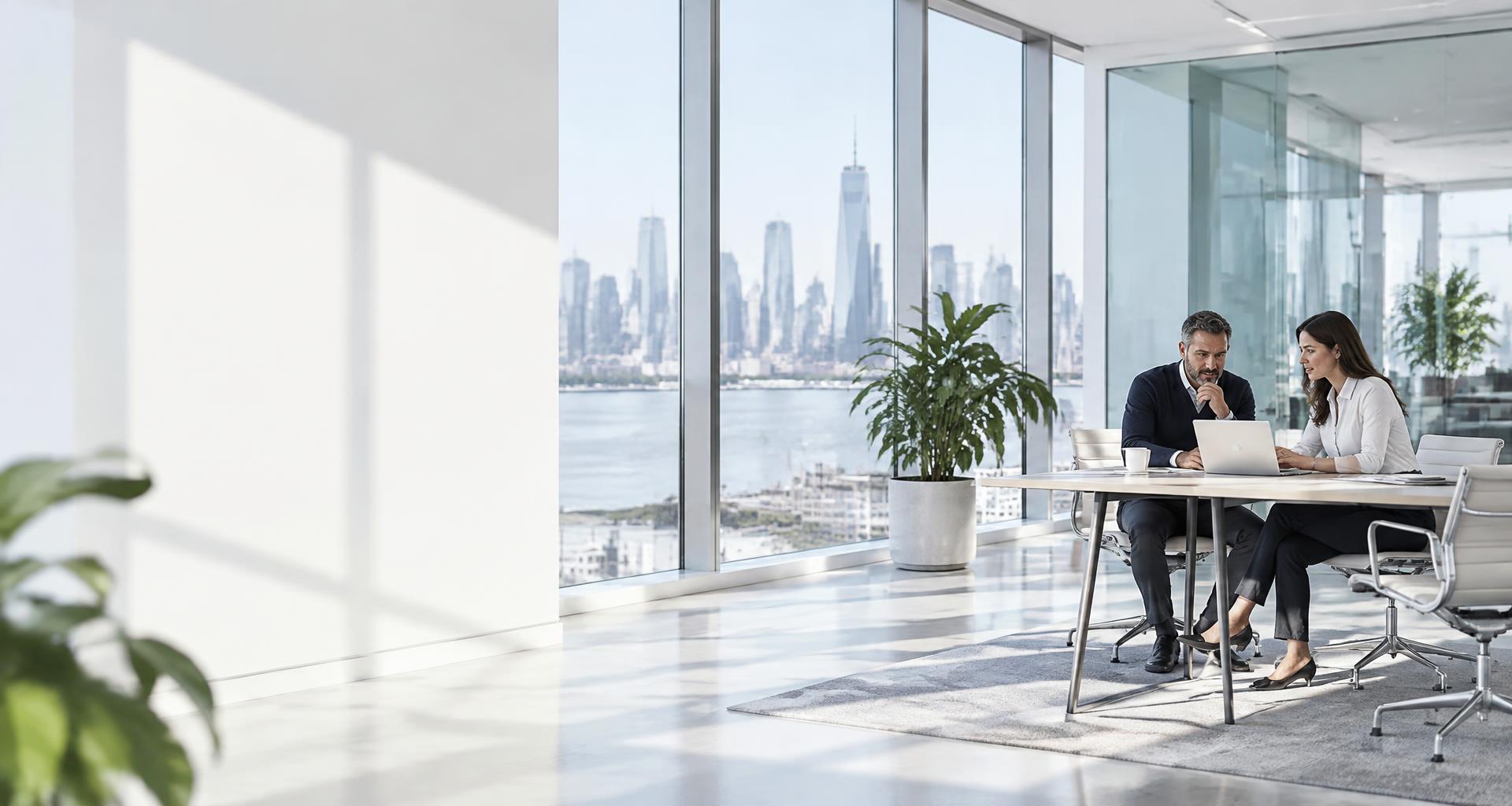 Funding specialists meeting in a bright modern office